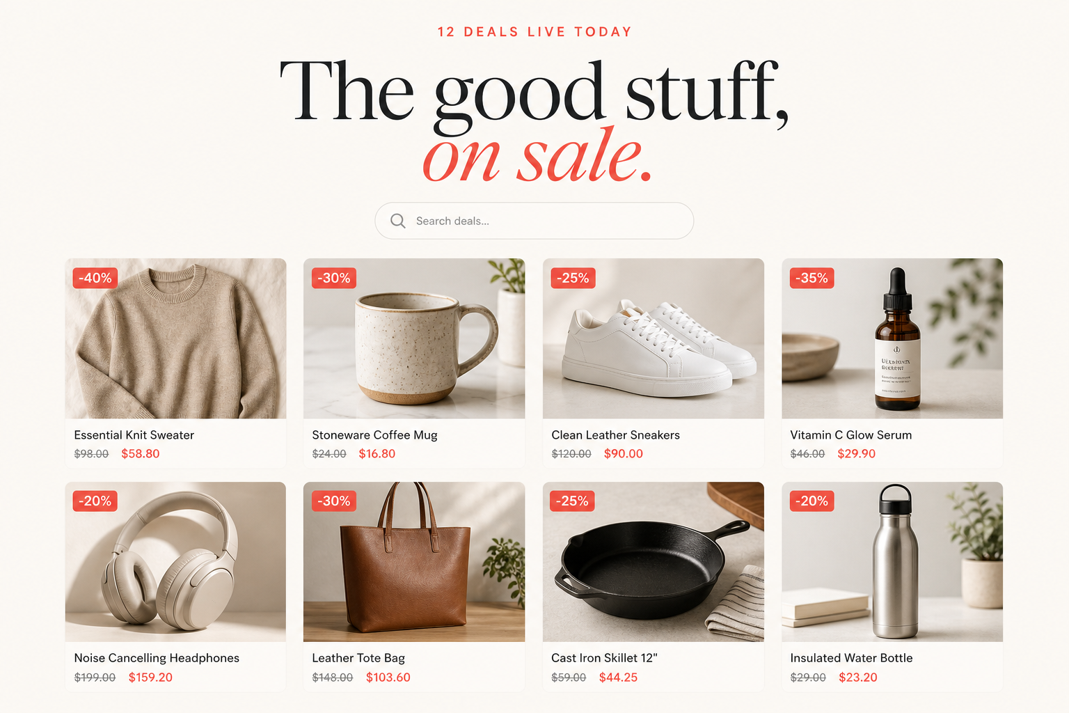 A preview of an affiliate deal hub built with BagThat, showing today's curated picks
